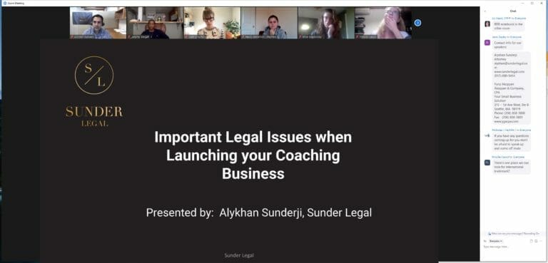 Alykhan Sunderji presents to Advancement Coaching on legal issues to consider when starting a business